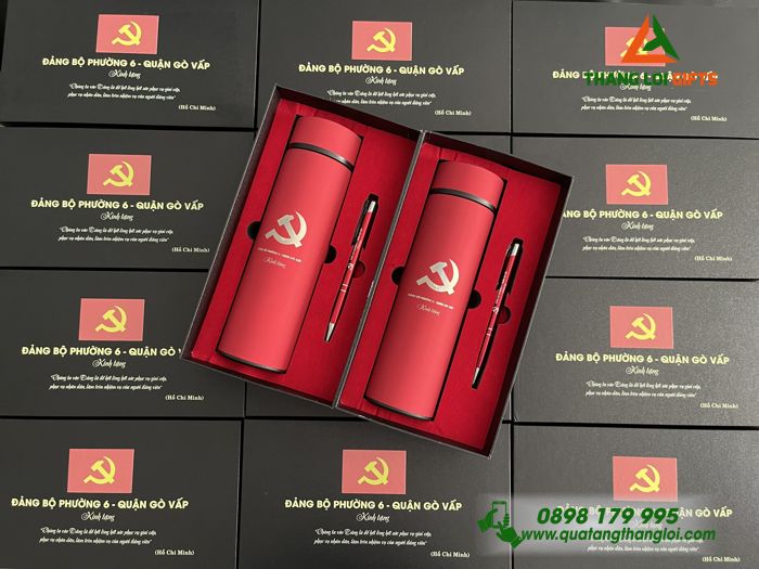 Set Quà Tặng (Bình Giữ Nhiệt & Bút Bi) Màu Đỏ - In Khắc Logo Đảng Cộng Sản Việt Nam