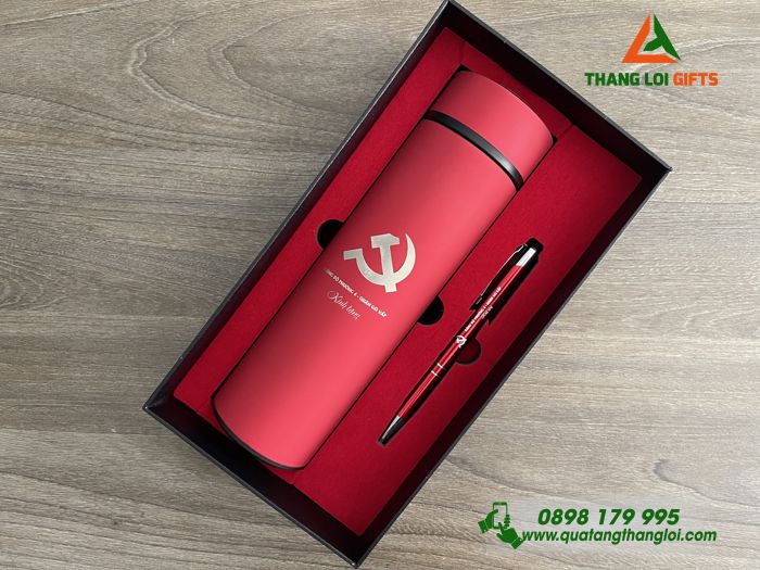 Set Quà Tặng (Bình Giữ Nhiệt & Bút Bi) Màu Đỏ - In Khắc Logo Đảng Cộng Sản Việt Nam