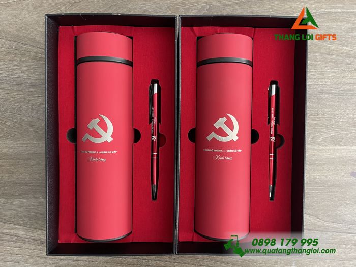 Set Quà Tặng (Bình Giữ Nhiệt & Bút Bi) Màu Đỏ - In Khắc Logo Đảng Cộng Sản Việt Nam