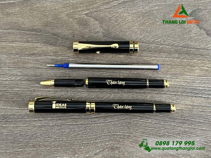 Bút Ký Kim Loại Màu Đen Khoen Vàng - Khắc Logo Doanh Nghiệp IDEAS Institute