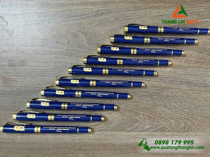 Bút Ký Kim Loại Màu Xanh Khoen Vàng - Khắc Logo Đảng Làm Quà Tặng Đại Hội Đảng Bộ Công An