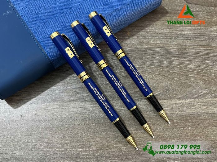 Bút Ký Kim Loại Màu Xanh Khoen Vàng - Khắc Logo Đảng Làm Quà Tặng Đại Hội Đảng Bộ Công An