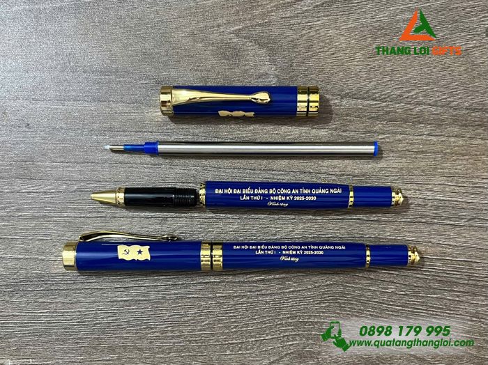 Bút Ký Kim Loại Màu Xanh Khoen Vàng - Khắc Logo Đảng Làm Quà Tặng Đại Hội Đảng Bộ Công An