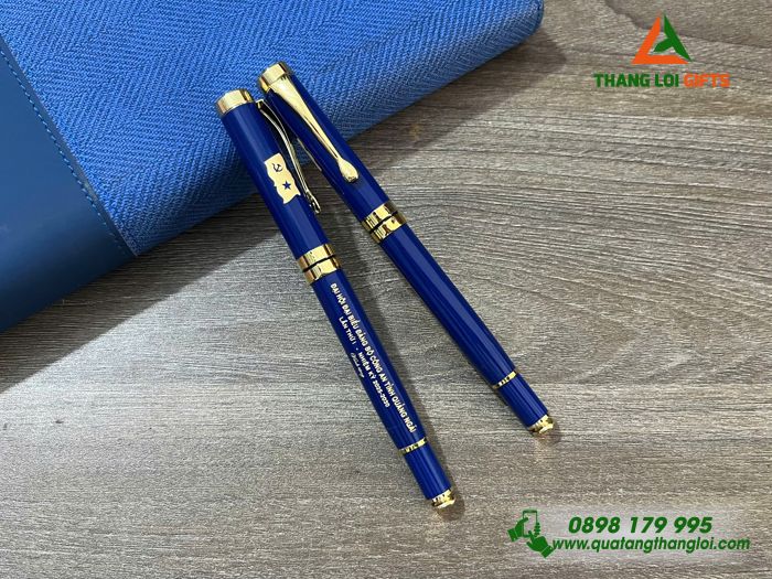 Bút Ký Kim Loại Màu Xanh Khoen Vàng - Khắc Logo Đảng Làm Quà Tặng Đại Hội Đảng Bộ Công An