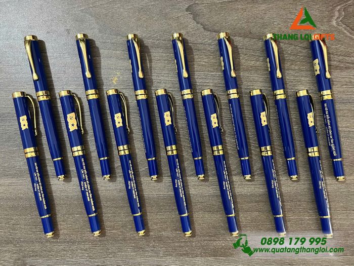 Bút Ký Kim Loại Màu Xanh Khoen Vàng - Khắc Logo Đảng Làm Quà Tặng Đại Hội Đảng Bộ Công An