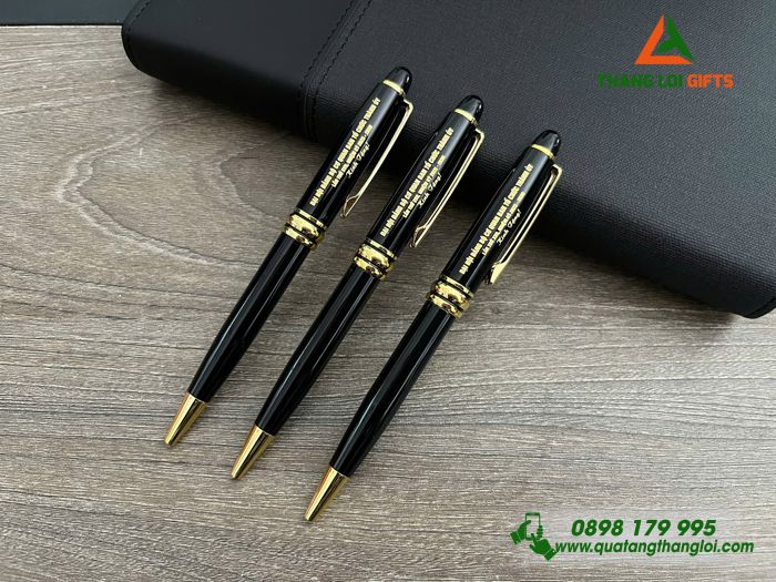 Bút Ký Kim Loại Xoay Màu Đen Khoen Vàng - Khắc Tên Đại Hội Đảng Bộ