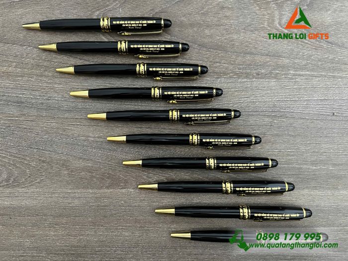 Bút Ký Kim Loại Xoay Màu Đen Khoen Vàng - Khắc Tên Đại Hội Đảng Bộ