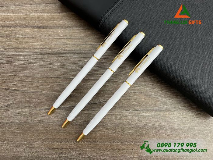 Bút Ký Kim Loại Xoay Màu Trắng Khoen Vàng - Khắc Logo Thương Hiệu HUAWEI