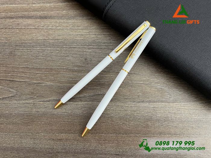 Bút Ký Kim Loại Xoay Màu Trắng Khoen Vàng - Khắc Logo Thương Hiệu HUAWEI