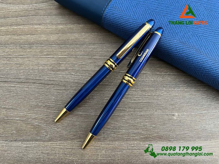 Bút Ký Kim Loại Xoay Màu Xanh Khoen Vàng - Khắc Logo Doanh Nghiệp COGNISIAN
