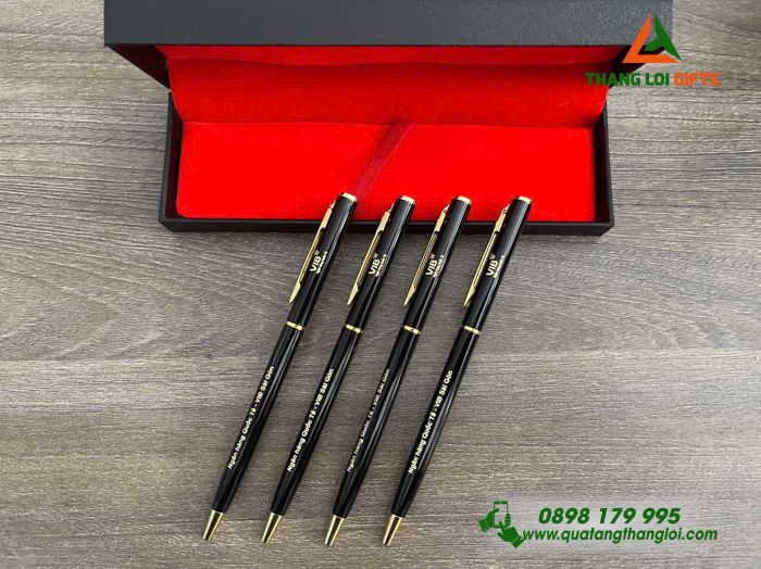Bút Ký Kim Loại Màu Đen Khoen Vàng - Khắc Logo Ngân Hàng Quốc Tế VIB