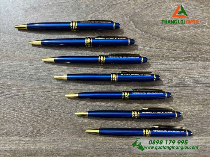 Bút Ký Kim Loại Xoay Màu Xanh Khoen Vàng - Khắc Nội Dung Làm Quà Tặng