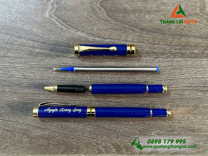 Bút Ký Kim Loại Nắp Đẩy Màu Xanh Khoen Vàng - Khắc Tên Làm Quà Tặng