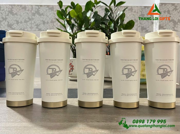 Ly Giữ Nhiệt 530ml Màu Trắng Kem - Khắc Logo Trung Tâm Du Học Quốc Tế Trần Quang