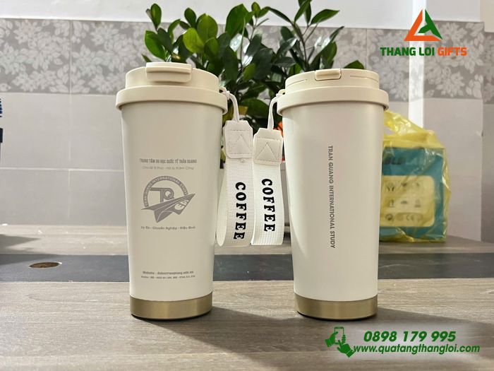 Ly Giữ Nhiệt 530ml Màu Trắng Kem - Khắc Logo Trung Tâm Du Học Quốc Tế Trần Quang
