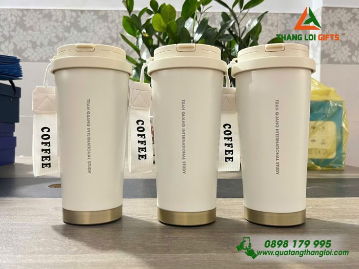 Ly Giữ Nhiệt 530ml Màu Trắng Kem - Khắc Logo Trung Tâm Du Học Quốc Tế Trần Quang