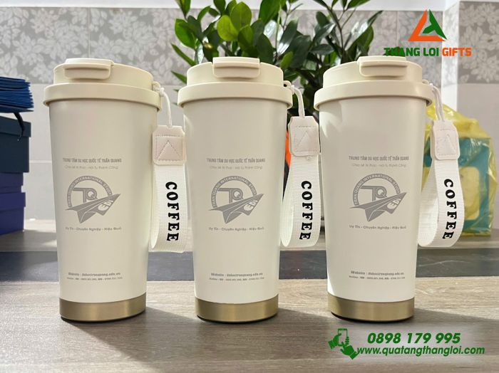 Ly Giữ Nhiệt 530ml Màu Trắng Kem - Khắc Logo Trung Tâm Du Học Quốc Tế Trần Quang
