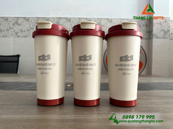 Ly Giữ Nhiệt Coffe 530ml Màu Đỏ - Khắc Logo Đại Hội Chi Bộ Cụm 22