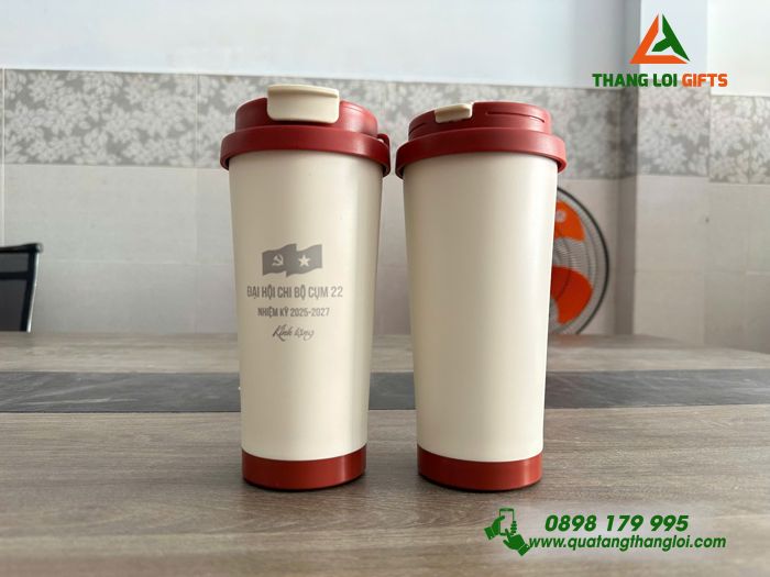 Ly Giữ Nhiệt Coffe 530ml Màu Đỏ - Khắc Logo Đại Hội Chi Bộ Cụm 22