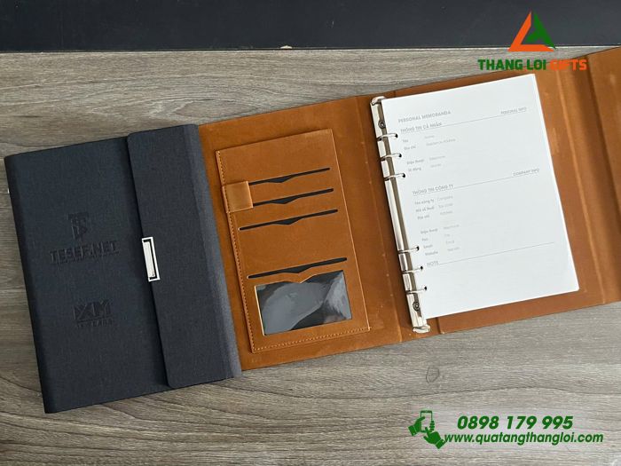 Sổ Tay Bìa Còng Gập 3 Màu Đen - Dập Chìm Logo Doanh Nghiệp TESEF.NET