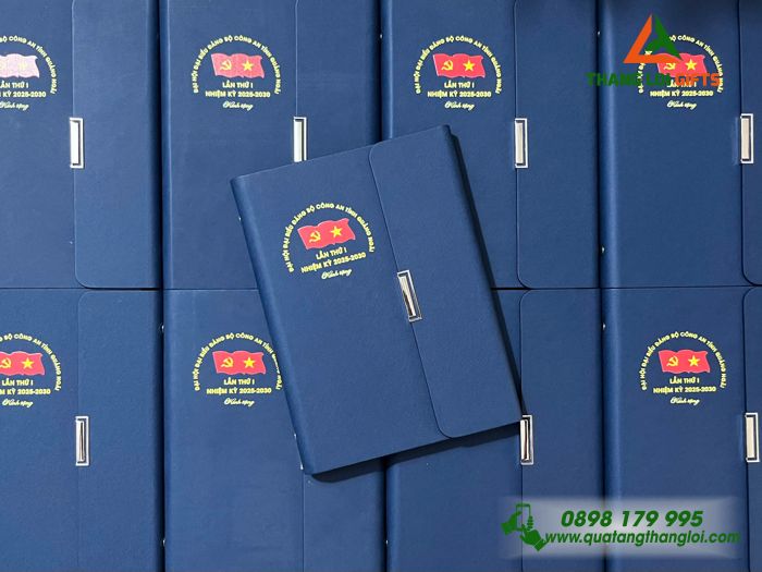 Sổ Tay Bìa Còng Gập 3 Màu Xanh - In Logo Làm Quà Tặng Đại Hội Đảng Bộ Công An