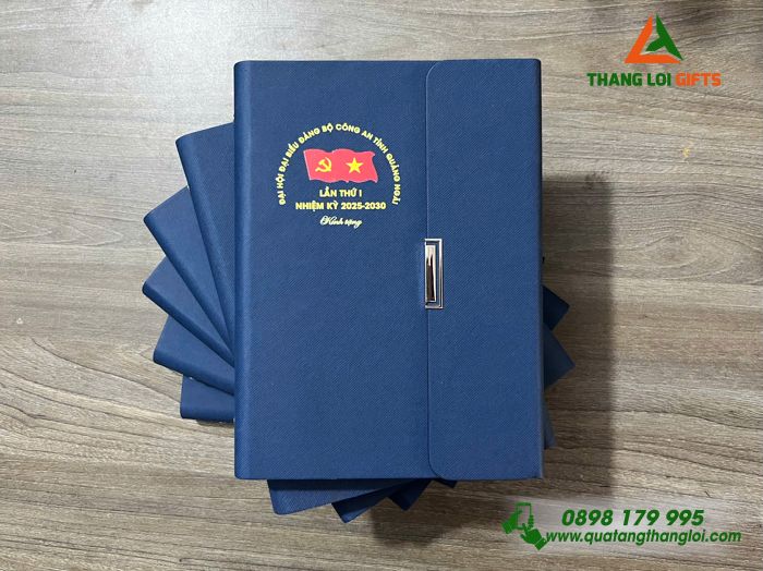Sổ Tay Bìa Còng Gập 3 Màu Xanh - In Logo Làm Quà Tặng Đại Hội Đảng Bộ Công An