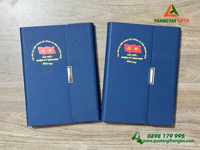 Sổ Tay Bìa Còng Gập 3 Màu Xanh - In Logo Làm Quà Tặng Đại Hội Đảng Bộ Công An
