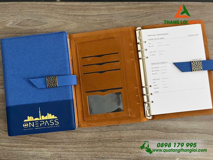 Sổ Tay Bìa Còng Màu Xanh - Ép Kim Logo Doanh Nghiệp ONEPASS