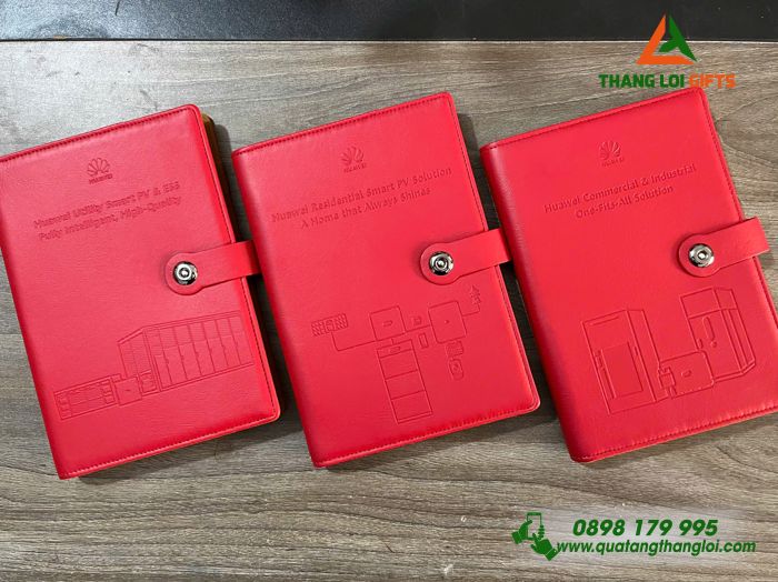 Sổ Tay Bìa Còng Màu Đỏ - In Dập Chìm Logo Thương Hiệu HUAWEI