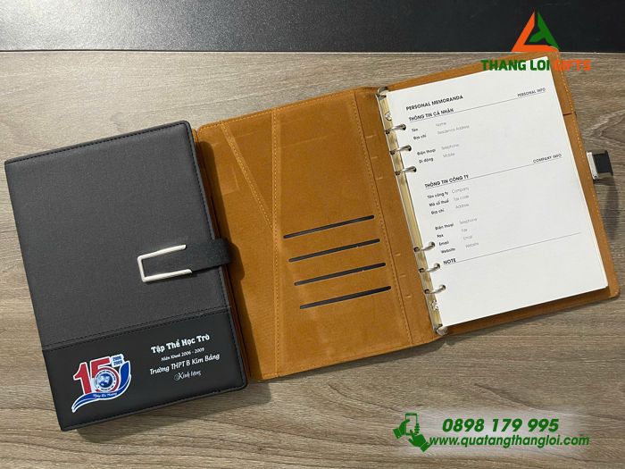 Sổ Tay Bìa Còng Màu Đen - In Logo Mừng 15 Năm Trường THPT B Kim Bảng