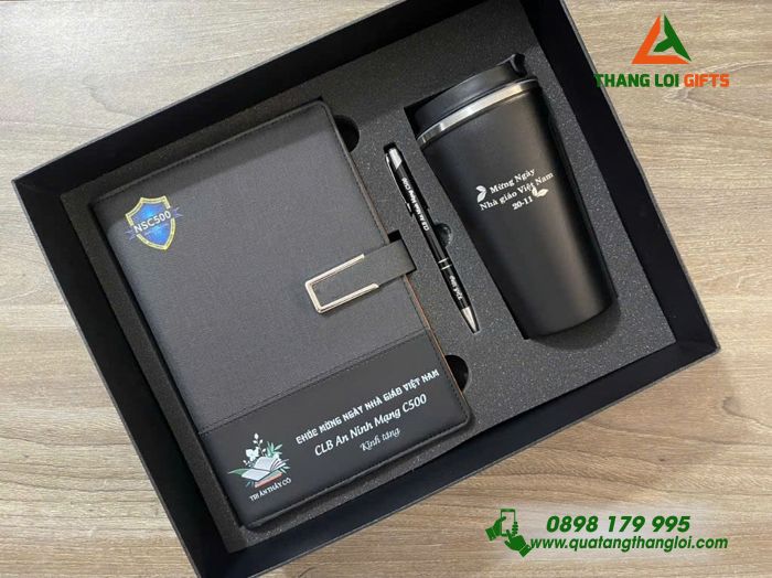 Bộ Quà Tặng (Sổ+ Ly + Bút) Màu Đen - In Khắc Logo CLB An Ninh Mạng C500