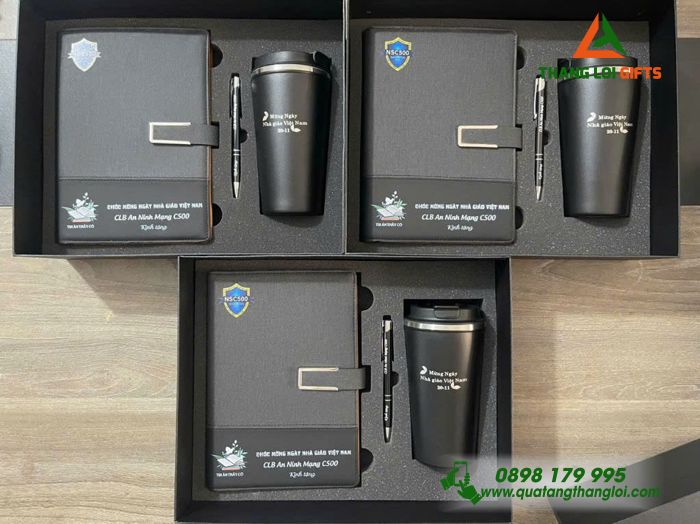 Bộ Quà Tặng (Sổ+ Ly + Bút) Màu Đen - In Khắc Logo CLB An Ninh Mạng C500