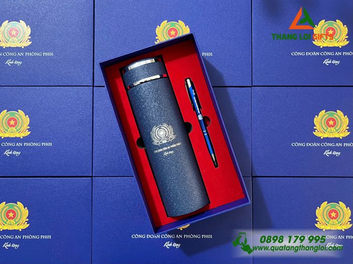 Combo Quà Tặng (Bình Giữ Nhiệt & Bút Bi) Màu Xanh - In Khắc Logo Chi Bộ Công An