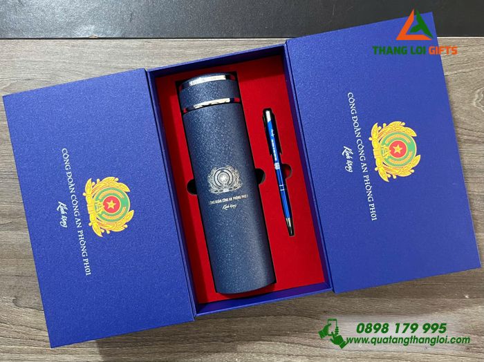 Combo Quà Tặng (Bình Giữ Nhiệt & Bút Bi) Màu Xanh - In Khắc Logo Chi Bộ Công An
