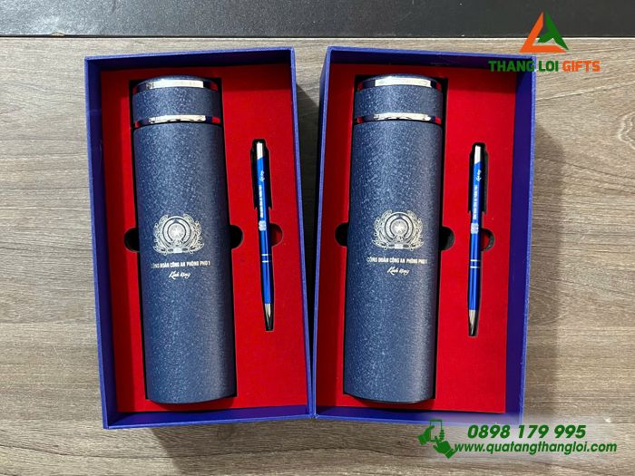 Combo Quà Tặng (Bình Giữ Nhiệt & Bút Bi) Màu Xanh - In Khắc Logo Chi Bộ Công An