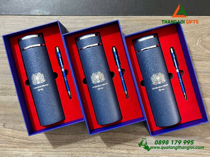 Combo Quà Tặng (Bình Giữ Nhiệt & Bút Bi) Màu Xanh - In Khắc Logo Chi Bộ Công An