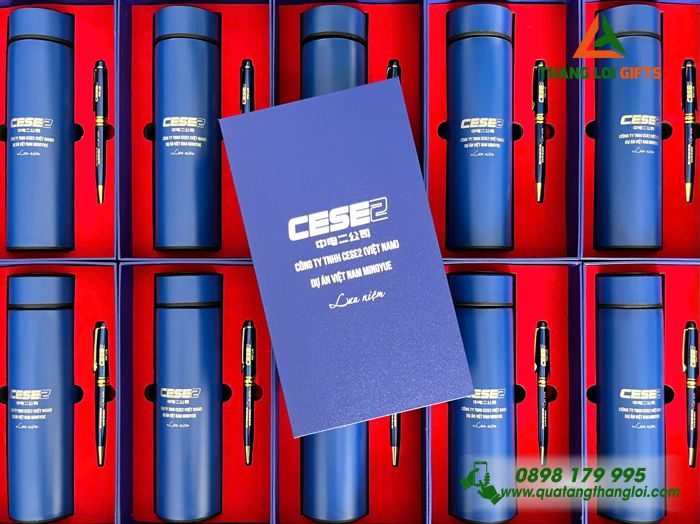 Bộ Quà Tặng (Bình Giữ Nhiệt & Bút Ký) Màu Xanh - In Khắc Logo Doanh Nghiệp CESE2