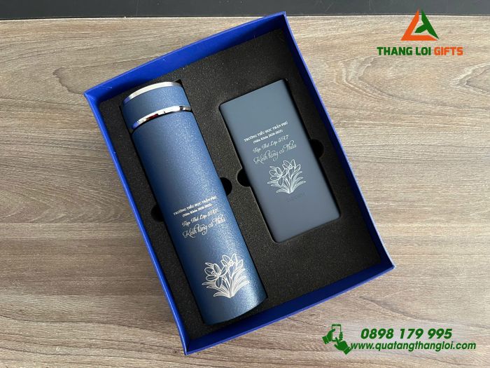 Combo Quà Tặng (Bình Giữ Nhiệt & Bút Ký) Màu Xanh) - In Khắc Tên Trường Tiểu Học Trần Phú