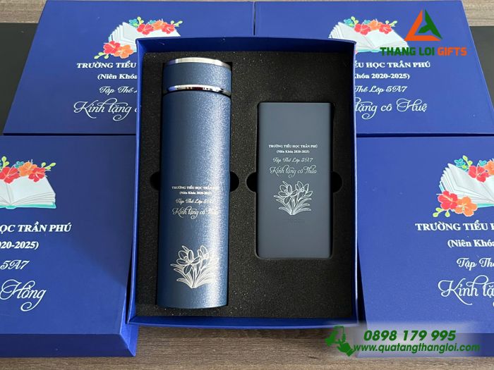 Combo Quà Tặng (Bình Giữ Nhiệt & Bút Ký) Màu Xanh) - In Khắc Tên Trường Tiểu Học Trần Phú