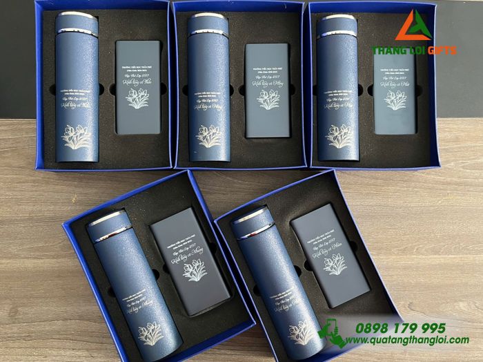 Combo Quà Tặng (Bình Giữ Nhiệt & Bút Ký) Màu Xanh) - In Khắc Tên Trường Tiểu Học Trần Phú