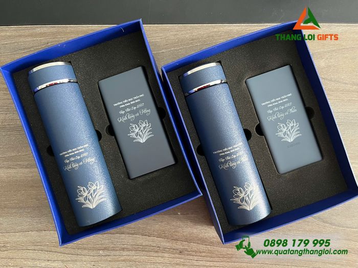 Combo Quà Tặng (Bình Giữ Nhiệt & Bút Ký) Màu Xanh) - In Khắc Tên Trường Tiểu Học Trần Phú