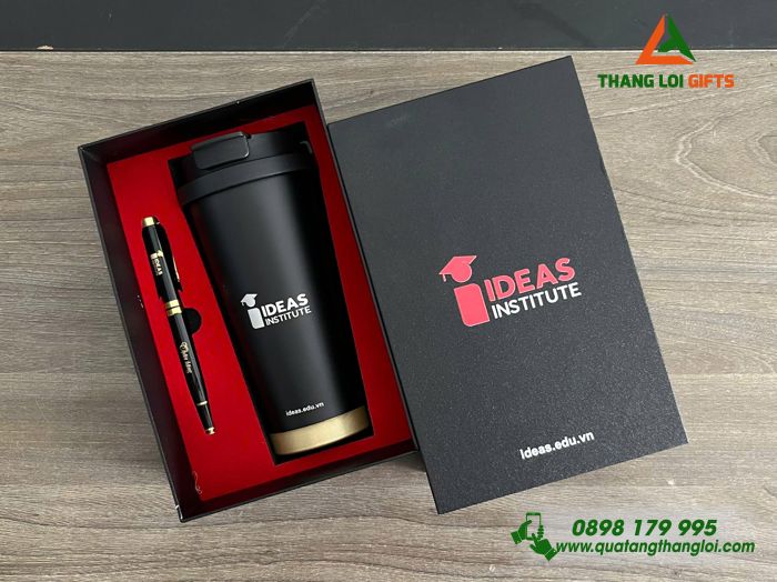 Combo Quà Tặng (Ly Giữ Nhiệt + Bút Ký) Màu Đen - In Khắc Logo Doanh Nghiệp IDEAS