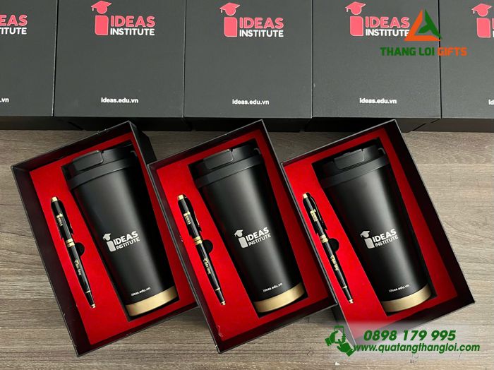 Combo Quà Tặng (Ly Giữ Nhiệt + Bút Ký) Màu Đen - In Khắc Logo Doanh Nghiệp IDEAS