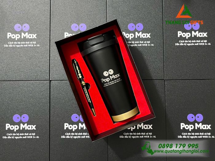 Bộ Quà Tặng (Ly Giữ Nhiệt & Bút Ký) Màu Đen - In Khắc Logo Kênh Truyền Hình Pop Max
