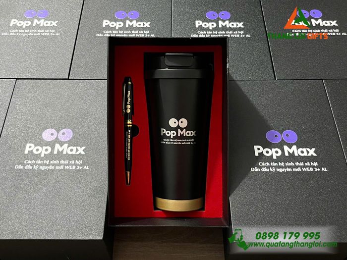 Bộ Quà Tặng (Ly Giữ Nhiệt & Bút Ký) Màu Đen - In Khắc Logo Kênh Truyền Hình Pop Max