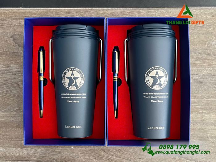 Bộ Quà Tặng (Ly Giữ Nhiệt Lock&Lock & Bút Ký) Màu Xanh - In khắc Logo Thanh Tra Việt Nam