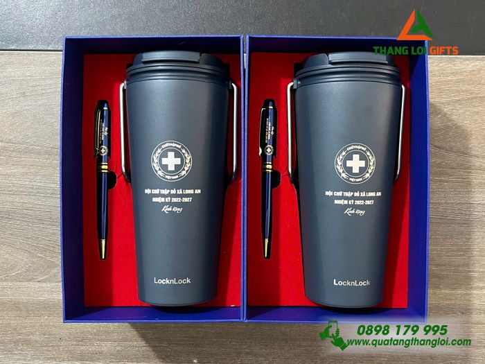 Bộ Quà Tặng (Ly Giữ Nhiệt Lock&Lock & Bút Ký) Màu Xanh - In Khắc Logo Hội Chữ Thập Đỏ Việt Nam