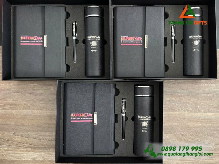 Set Quà Tặng Màu Đen (Sổ+ Bình+ Bút) - In Khắc Logo Trại Hè Nghiên Cứu SUPERNOVA