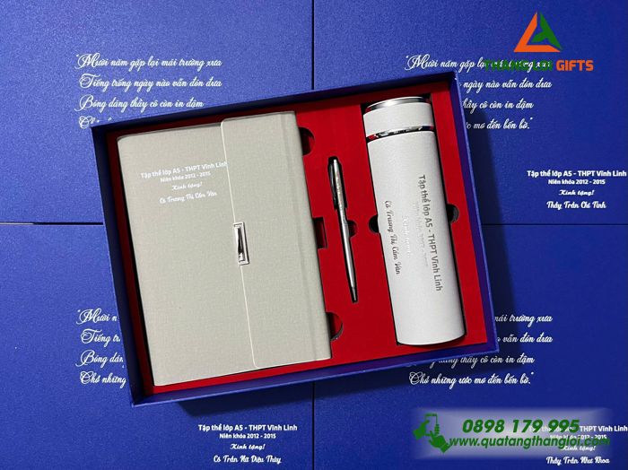 Combo Quà Tặng (Sổ+ Bình+ Bút) Màu Trắng Kem - In Khắc Nội Dung Tri Ân Trường THPT Vĩnh Linh