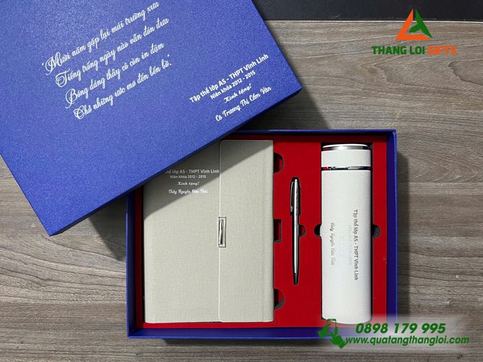 Combo Quà Tặng (Sổ+ Bình+ Bút) Màu Trắng Kem - In Khắc Nội Dung Tri Ân Trường THPT Vĩnh Linh